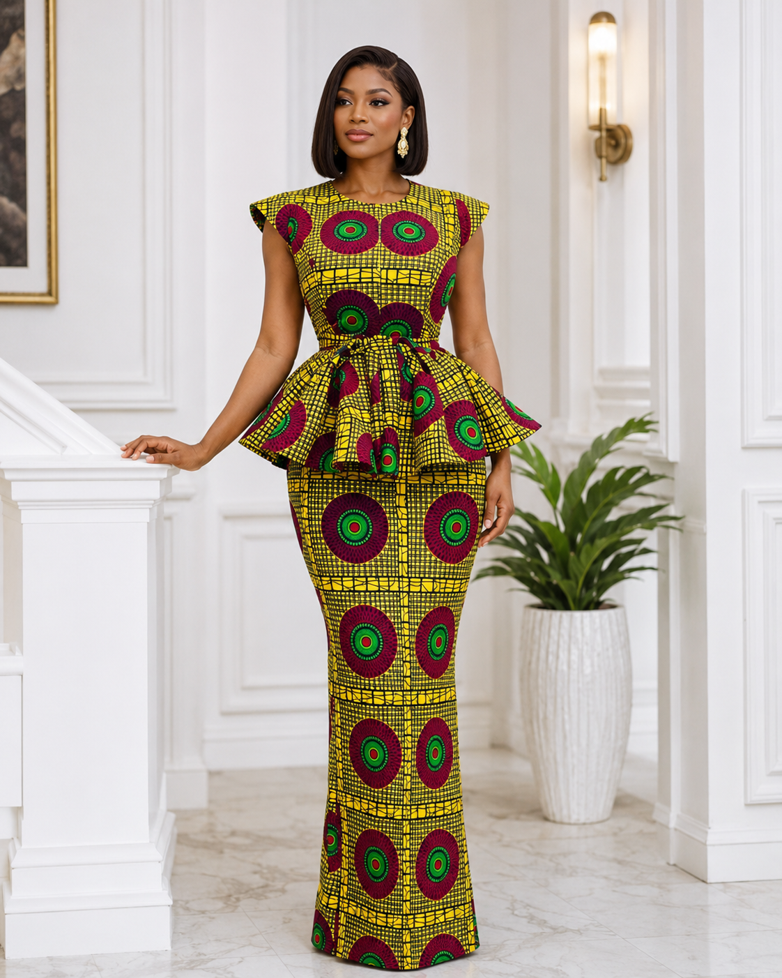 Yellow and magenta medallion peplum blouse and skirt set