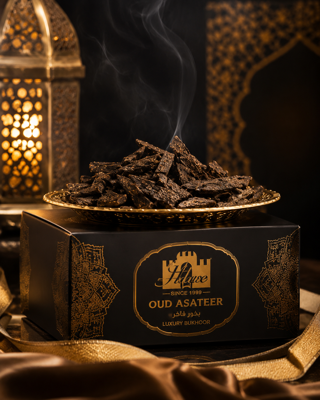 Oud Asateer luxury bukhoor incense chips on gold tray