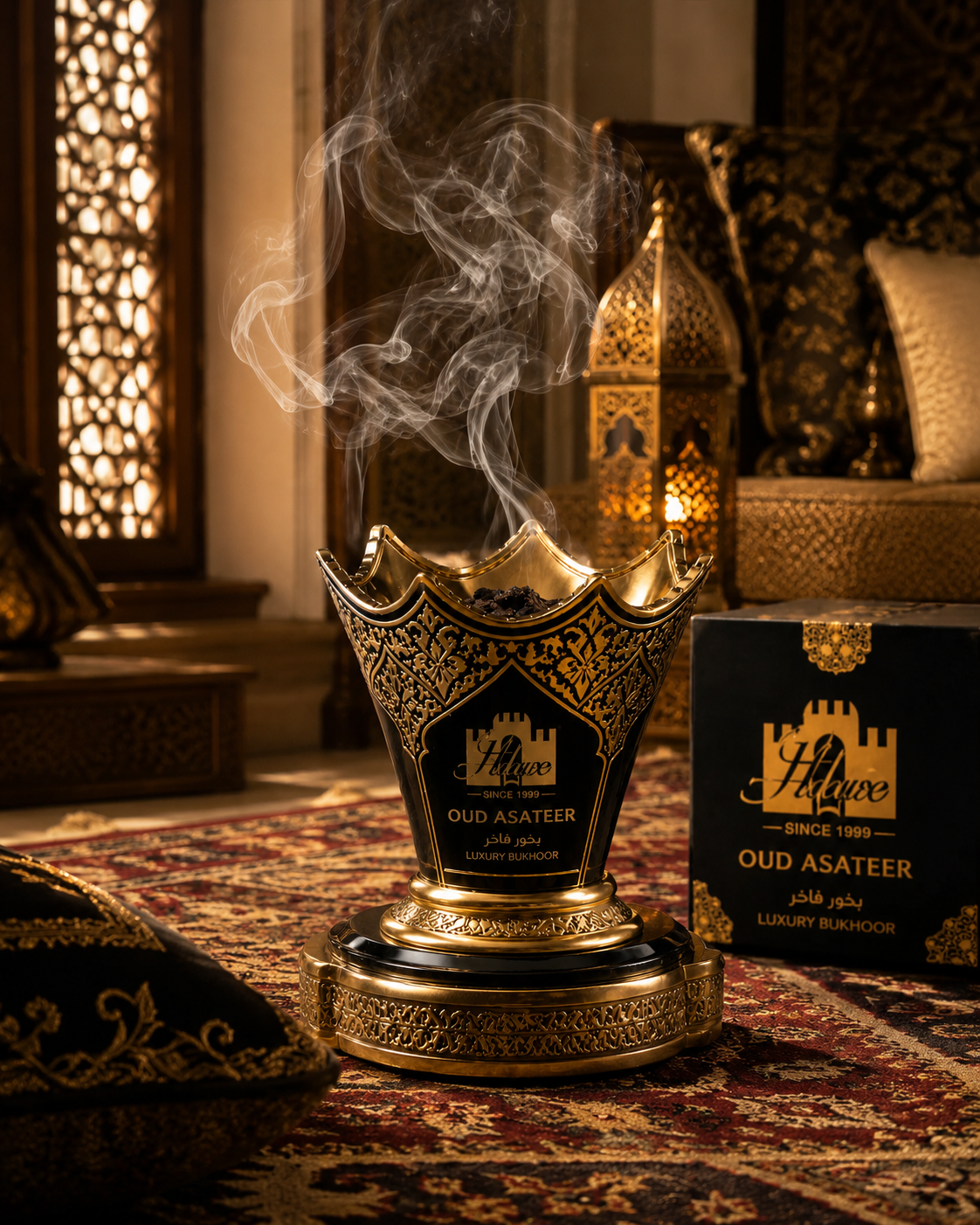 Oud Asateer luxury bukhoor burner with rising smoke