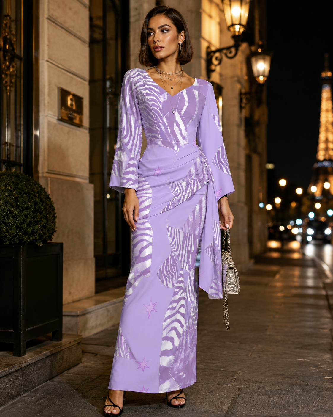Lavender draped star print evening dress
