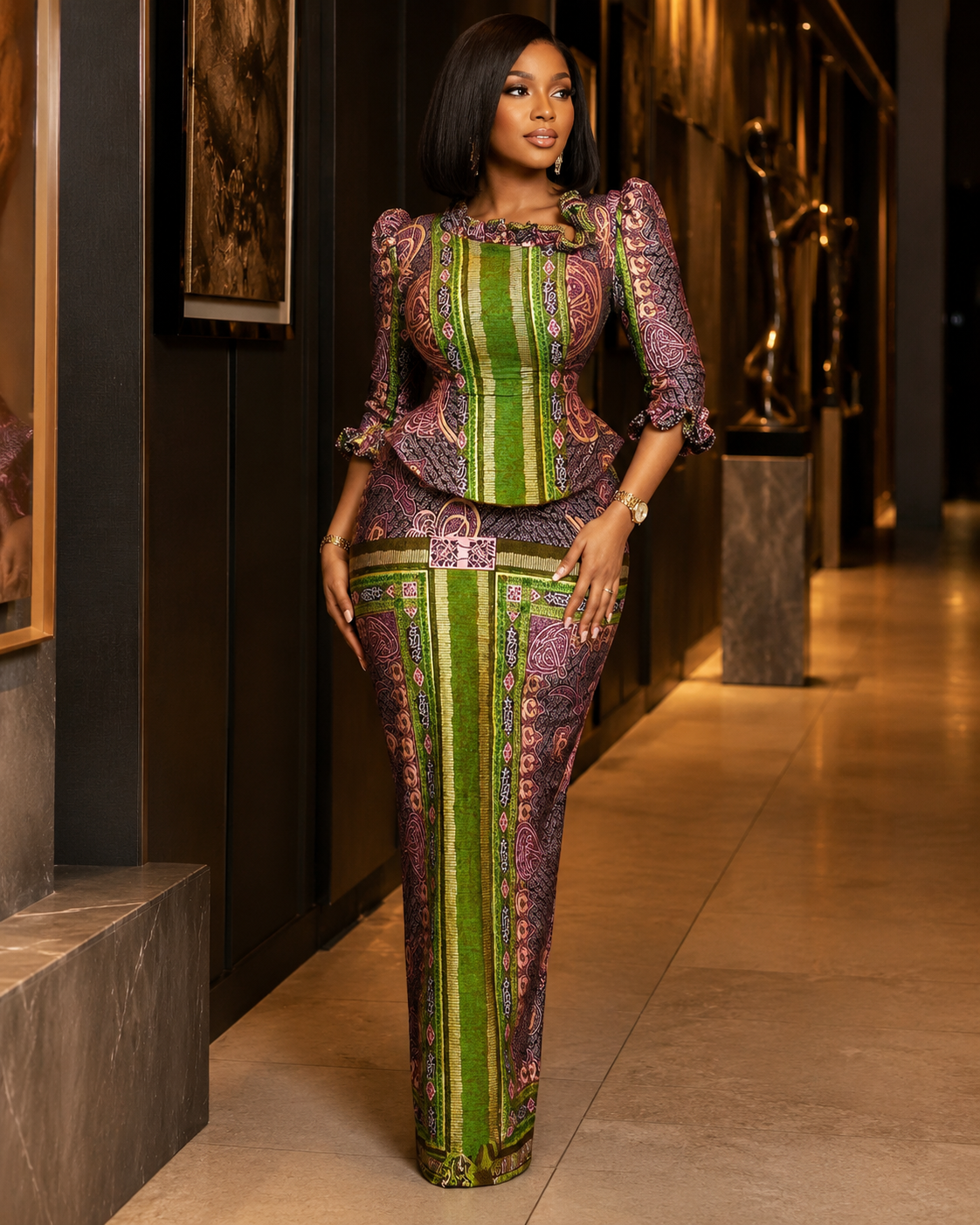 Olive and mauve heritage print blouse and skirt set