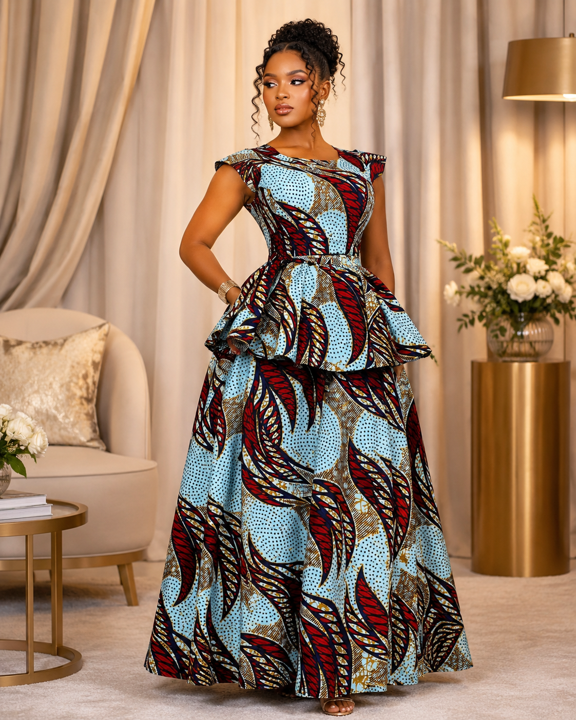 Powder blue plume printed peplum tea dress