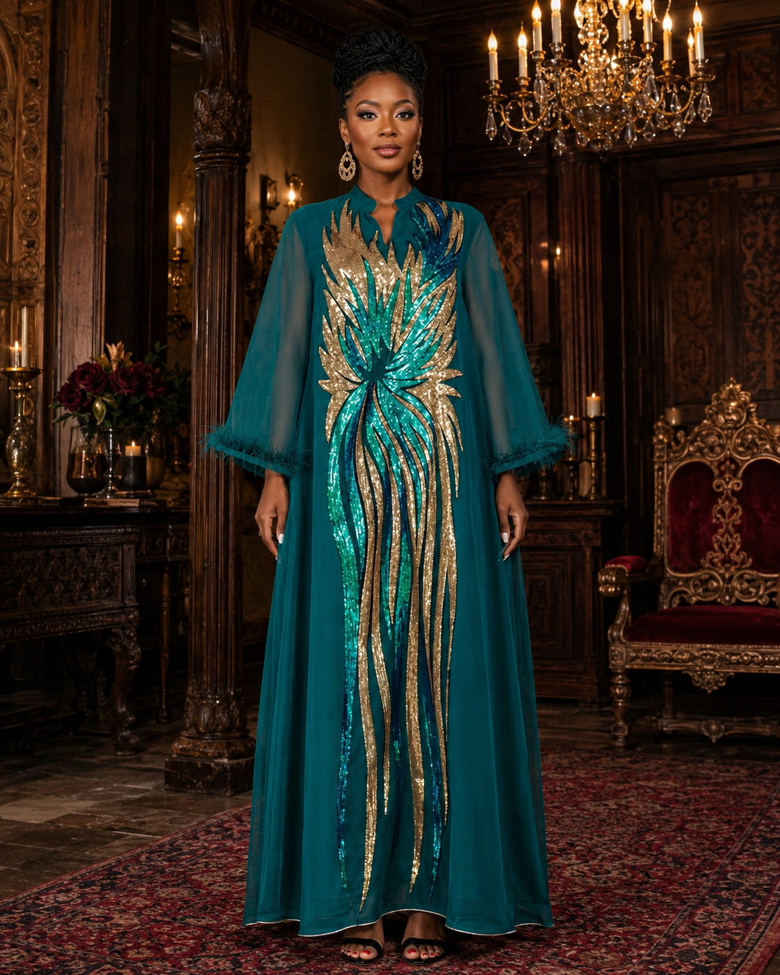 Teal beaded evening dress